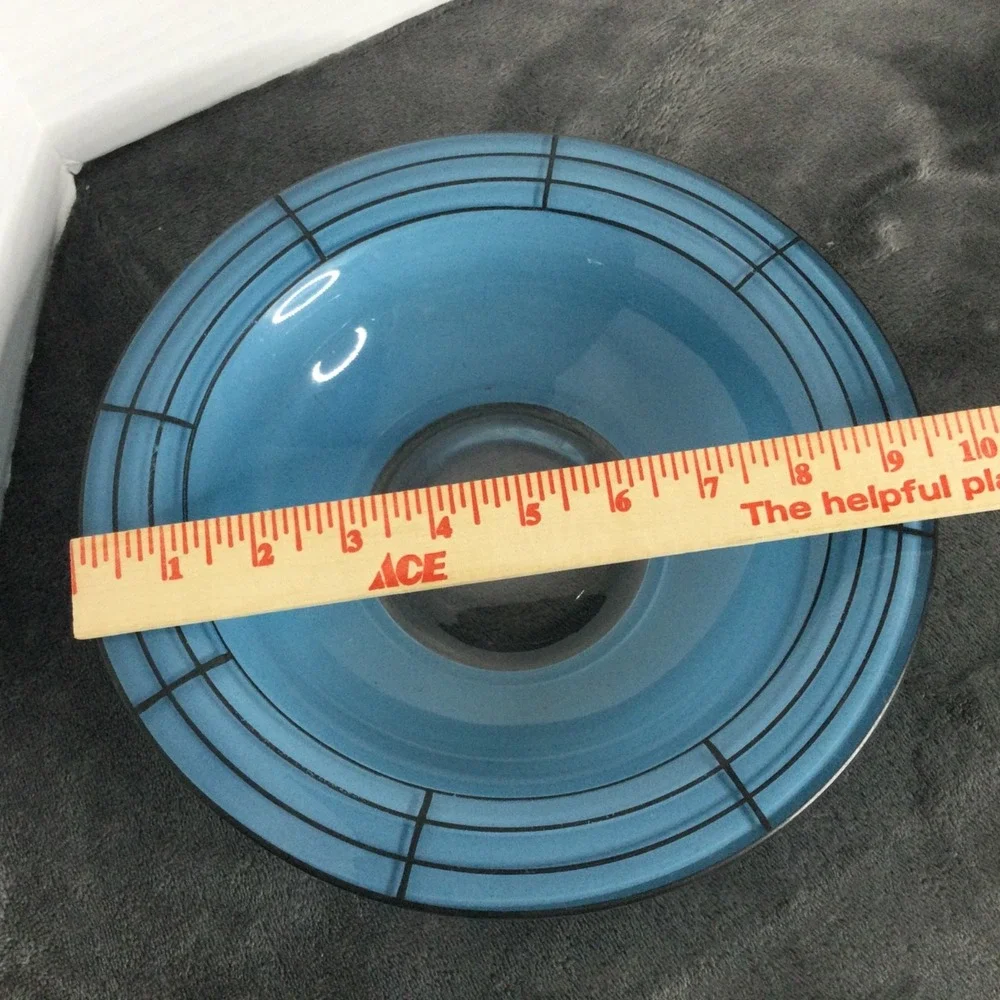 Vintage Blue Glass Decorative Bowl with Silver Insert and Grid Design mid centur